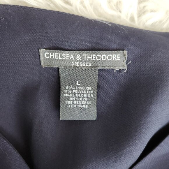 Chelsea Theodore Shirt Maxi Dress Large Navy blue Button-Front Short Sleeve Belt - Picture 6 of 15